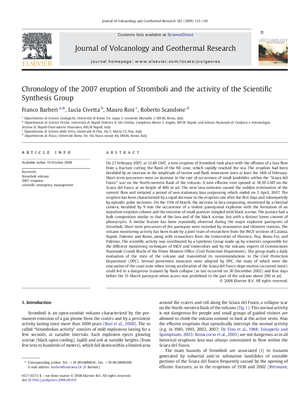 Chronology of the 2007 eruption of Stromboli and the activity of the Scientific Synthesis Group