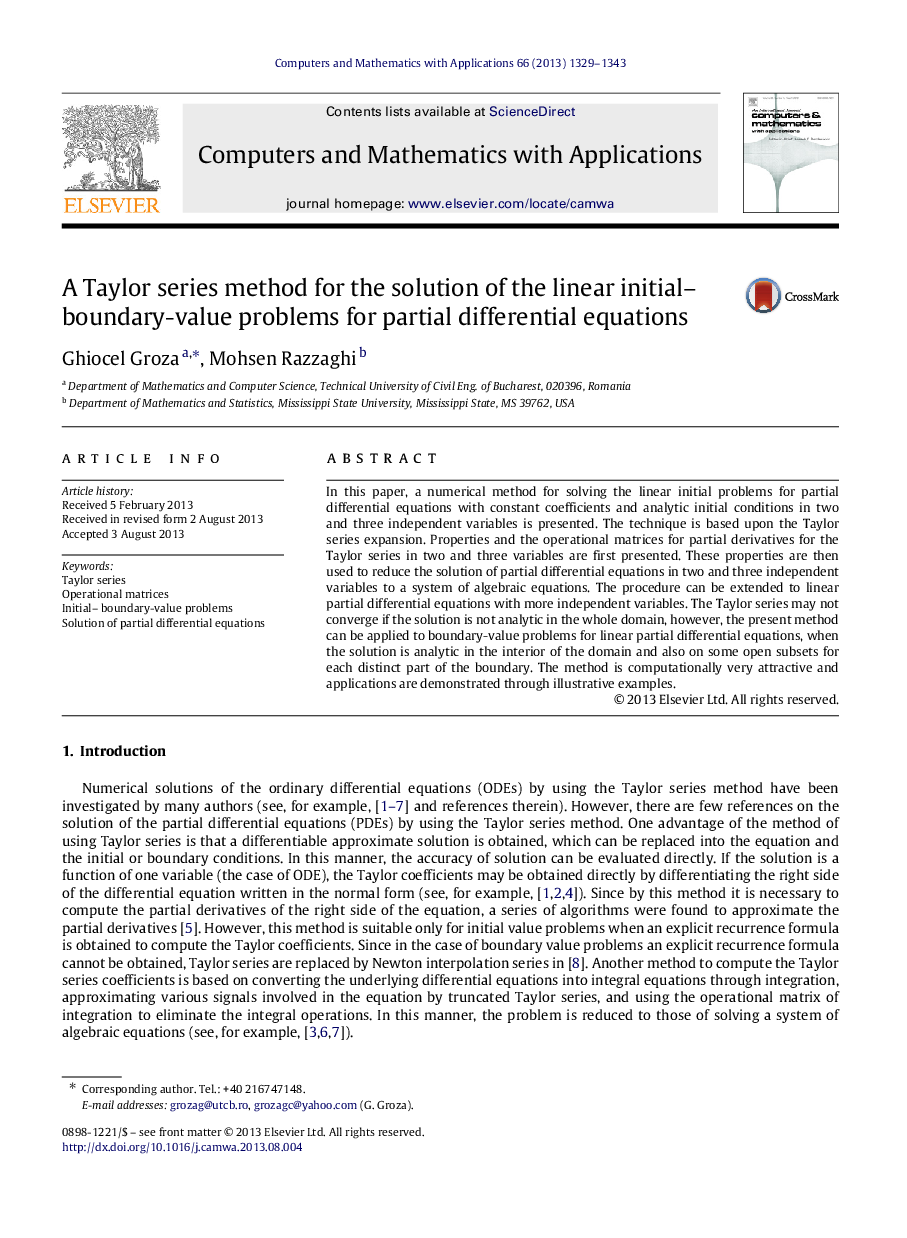 A Taylor series method for the solution of the linear initial–boundary-value problems for partial differential equations