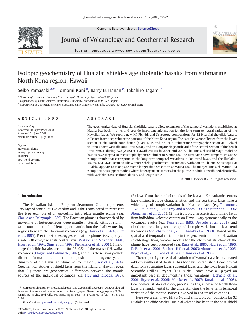 Isotopic geochemistry of Hualalai shield-stage tholeiitic basalts from submarine North Kona region, Hawaii