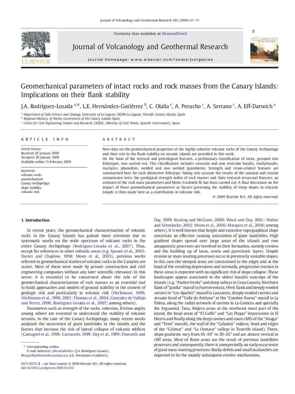 Geomechanical parameters of intact rocks and rock masses from the Canary Islands: Implications on their flank stability