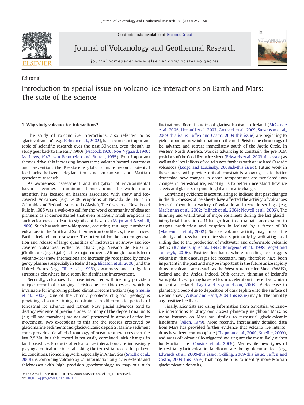عکس صفحه اول مقاله: Introduction to special issue on volcano-ice interactions on Earth and Mars: The state of the science Introduction to special issue on volcano-ice interactions on Earth and Mars: The state of the science