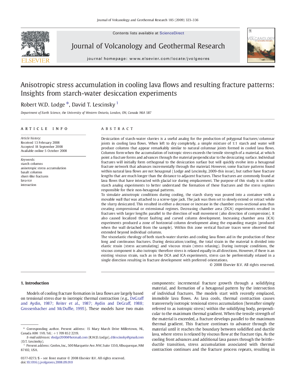 عکس صفحه اول مقاله: Anisotropic stress accumulation in cooling lava flows and resulting fracture patterns: Insights from starch-water desiccation experiments Anisotropic stress accumulation in cooling lava flows and resulting fracture patterns: Insights from starch-water desiccation experiments