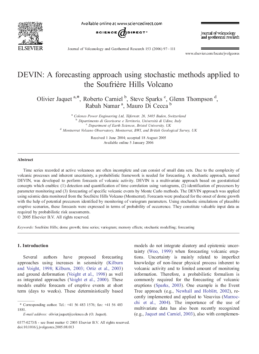 DEVIN: A forecasting approach using stochastic methods applied to the Soufrière Hills Volcano