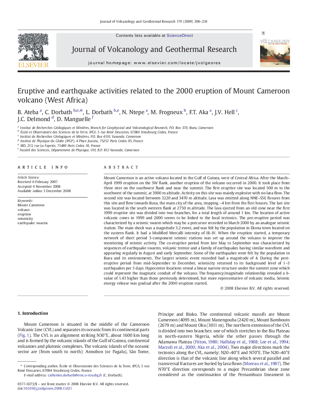 Eruptive and earthquake activities related to the 2000 eruption of Mount Cameroon volcano (West Africa)