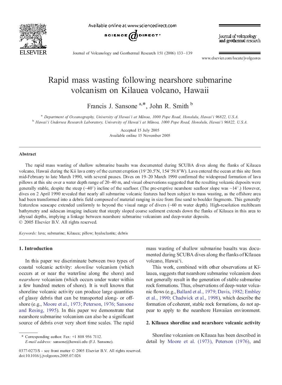 Rapid mass wasting following nearshore submarine volcanism on Kilauea volcano, Hawaii