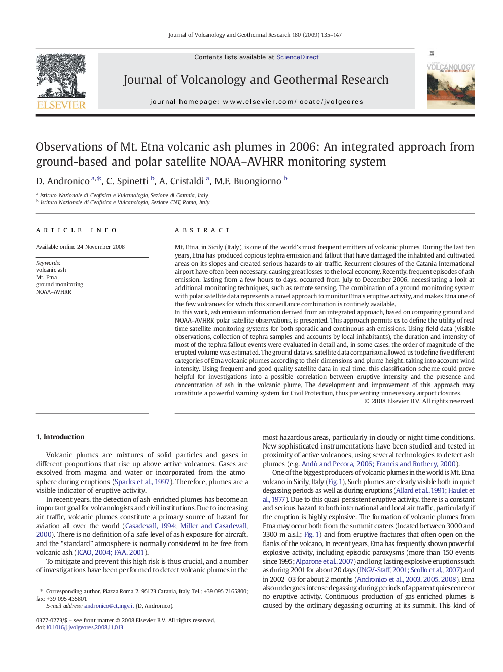 Observations of Mt. Etna volcanic ash plumes in 2006: An integrated approach from ground-based and polar satellite NOAA–AVHRR monitoring system