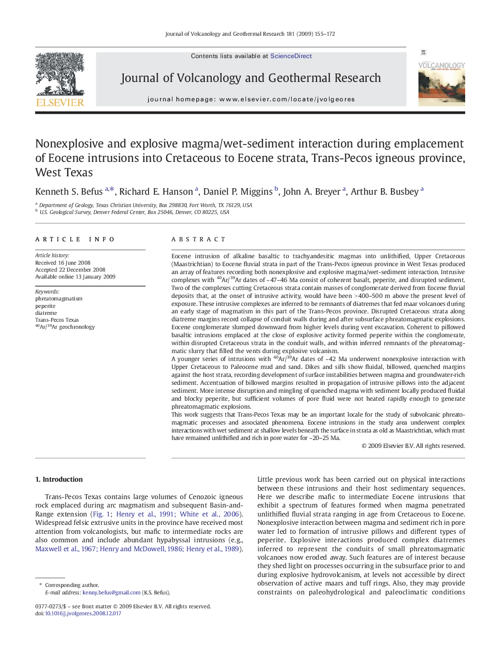 Nonexplosive and explosive magma/wet-sediment interaction during emplacement of Eocene intrusions into Cretaceous to Eocene strata, Trans-Pecos igneous province, West Texas