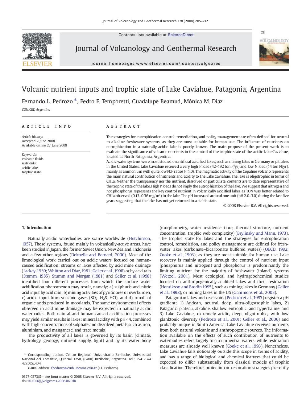 Volcanic nutrient inputs and trophic state of Lake Caviahue, Patagonia, Argentina