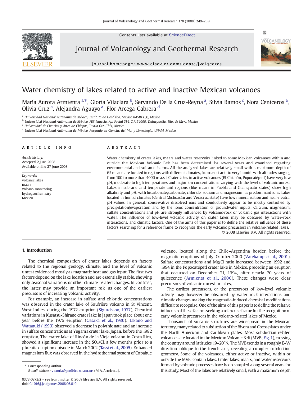 Water chemistry of lakes related to active and inactive Mexican volcanoes