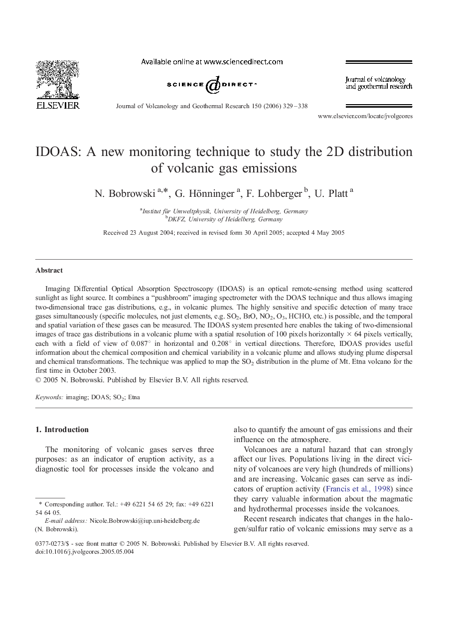 عکس صفحه اول مقاله: IDOAS: A new monitoring technique to study the 2D distribution of volcanic gas emissions IDOAS: A new monitoring technique to study the 2D distribution of volcanic gas emissions