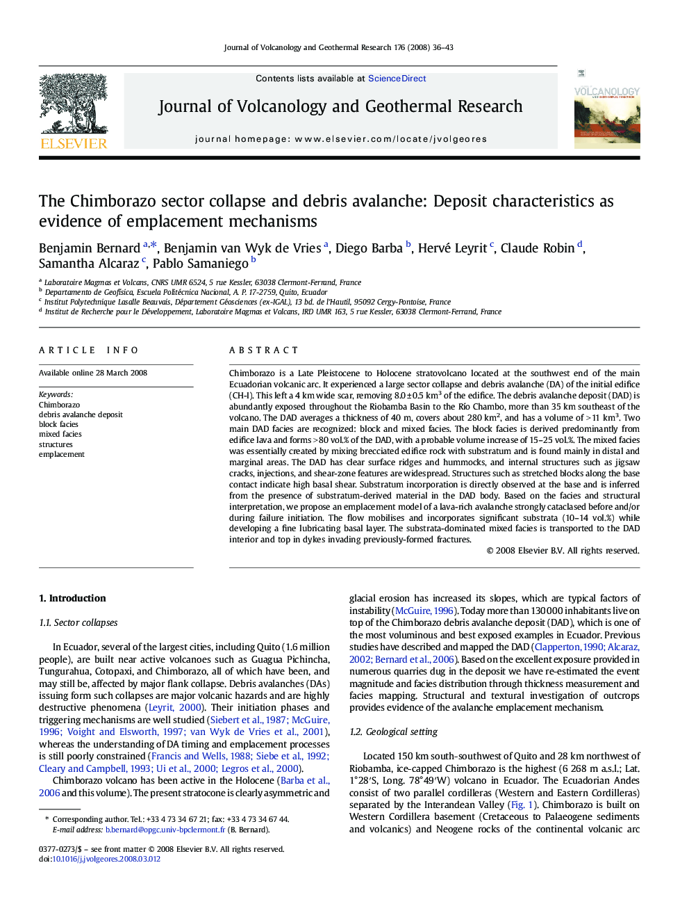 The Chimborazo sector collapse and debris avalanche: Deposit characteristics as evidence of emplacement mechanisms