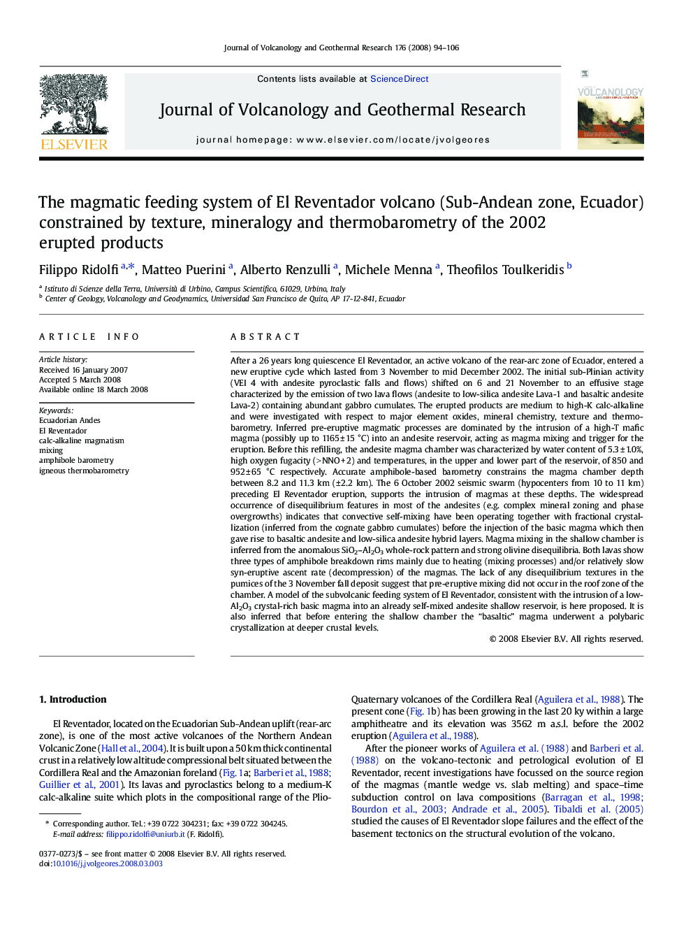 The magmatic feeding system of El Reventador volcano (Sub-Andean zone, Ecuador) constrained by texture, mineralogy and thermobarometry of the 2002 erupted products