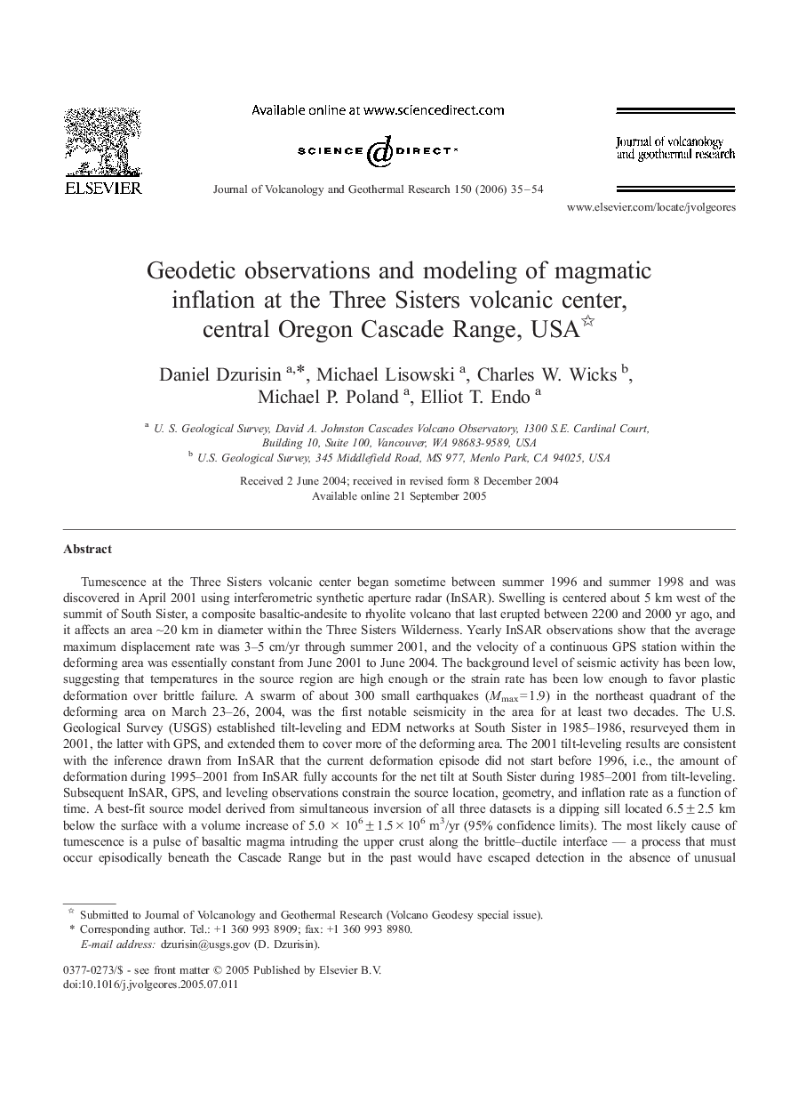 Geodetic observations and modeling of magmatic inflation at the Three Sisters volcanic center, central Oregon Cascade Range, USA 