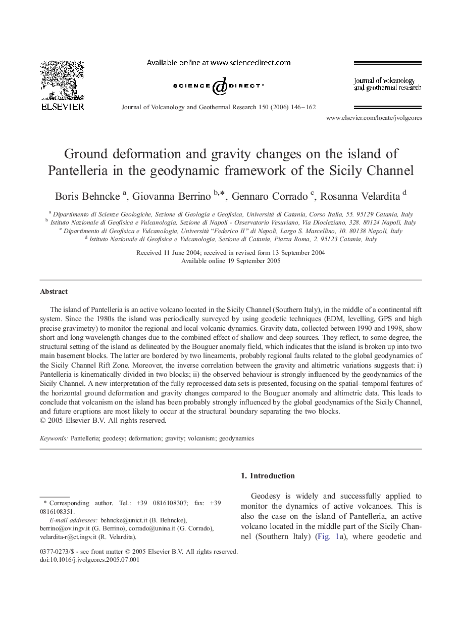 Ground deformation and gravity changes on the island of Pantelleria in the geodynamic framework of the Sicily Channel