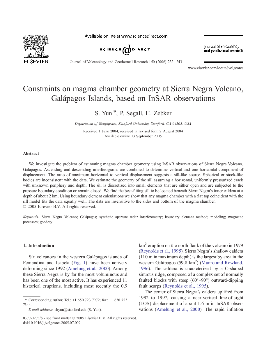 Constraints on magma chamber geometry at Sierra Negra Volcano, Galápagos Islands, based on InSAR observations