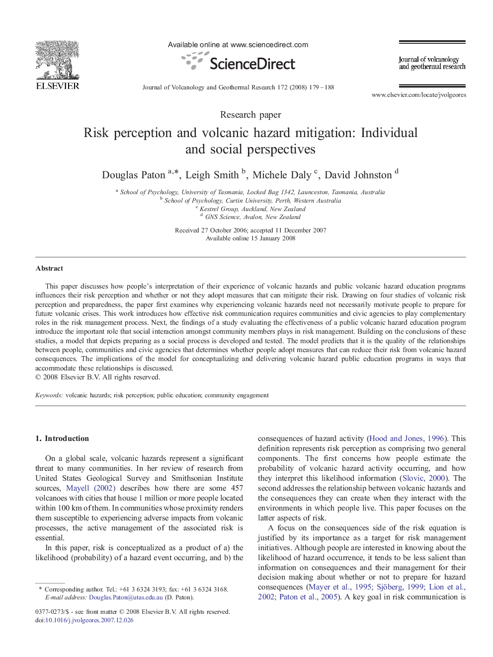 Risk perception and volcanic hazard mitigation: Individual and social perspectives