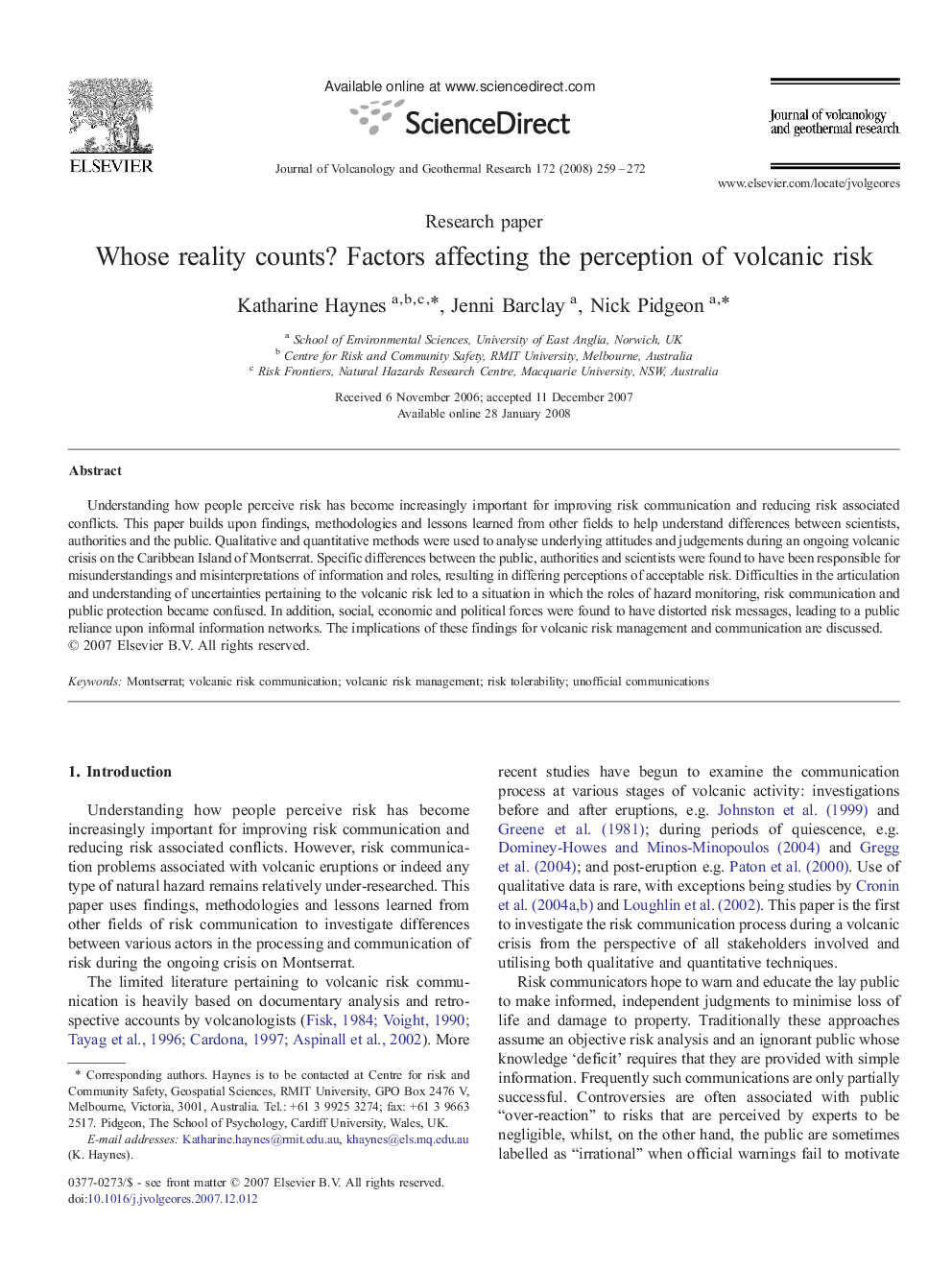 Whose reality counts? Factors affecting the perception of volcanic risk