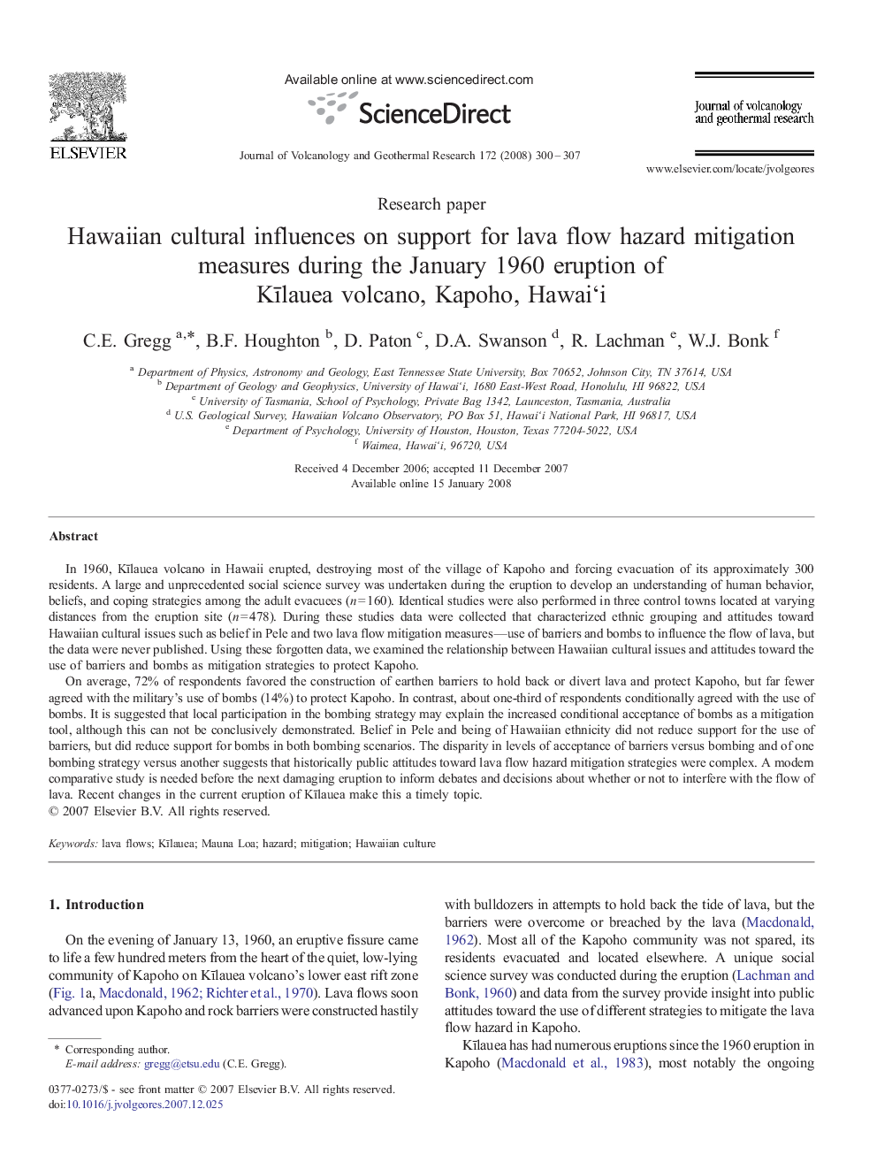 Hawaiian cultural influences on support for lava flow hazard mitigation measures during the January 1960 eruption of Kīlauea volcano, Kapoho, Hawai‘i