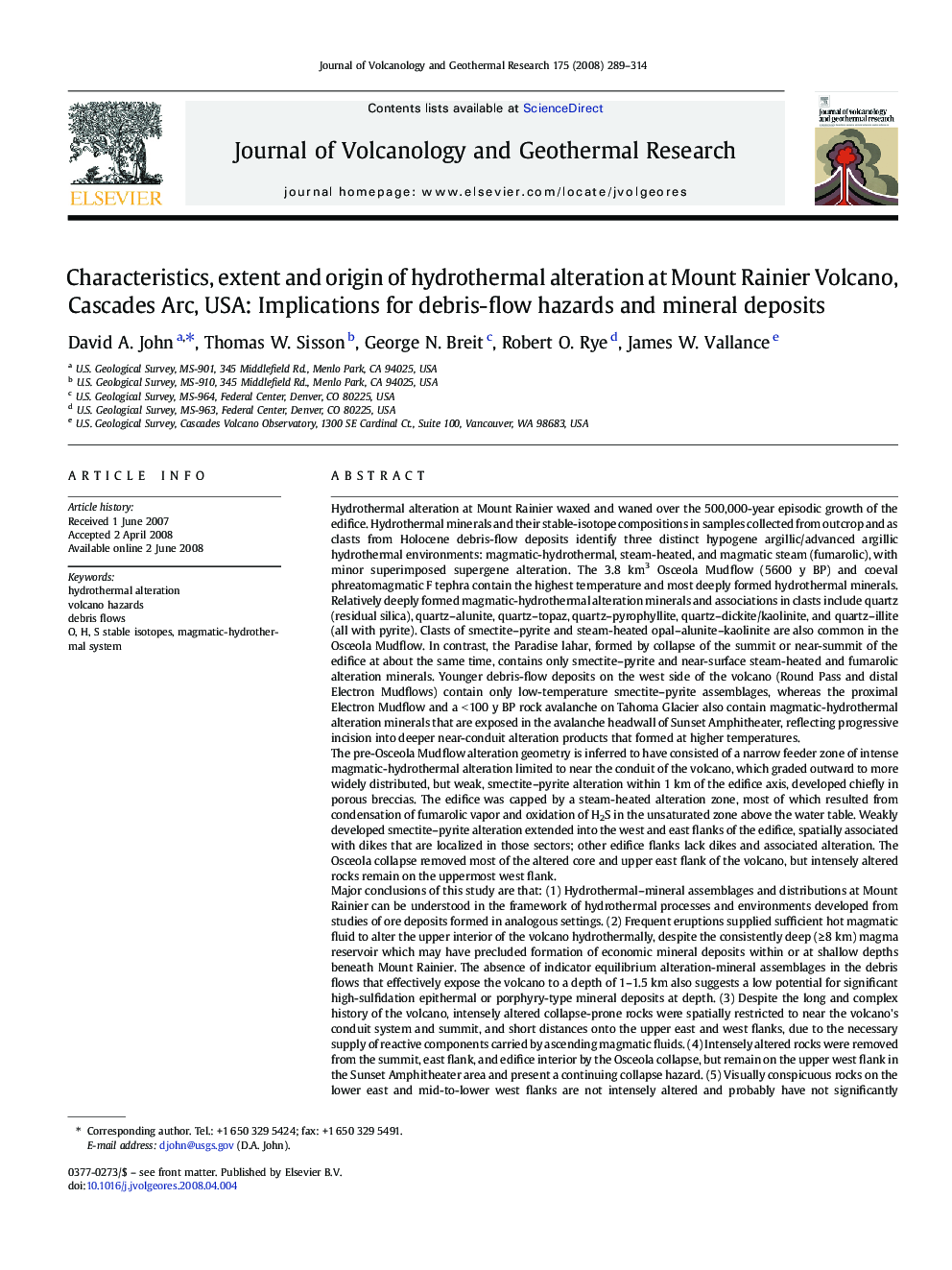 Characteristics, extent and origin of hydrothermal alteration at Mount Rainier Volcano, Cascades Arc, USA: Implications for debris-flow hazards and mineral deposits