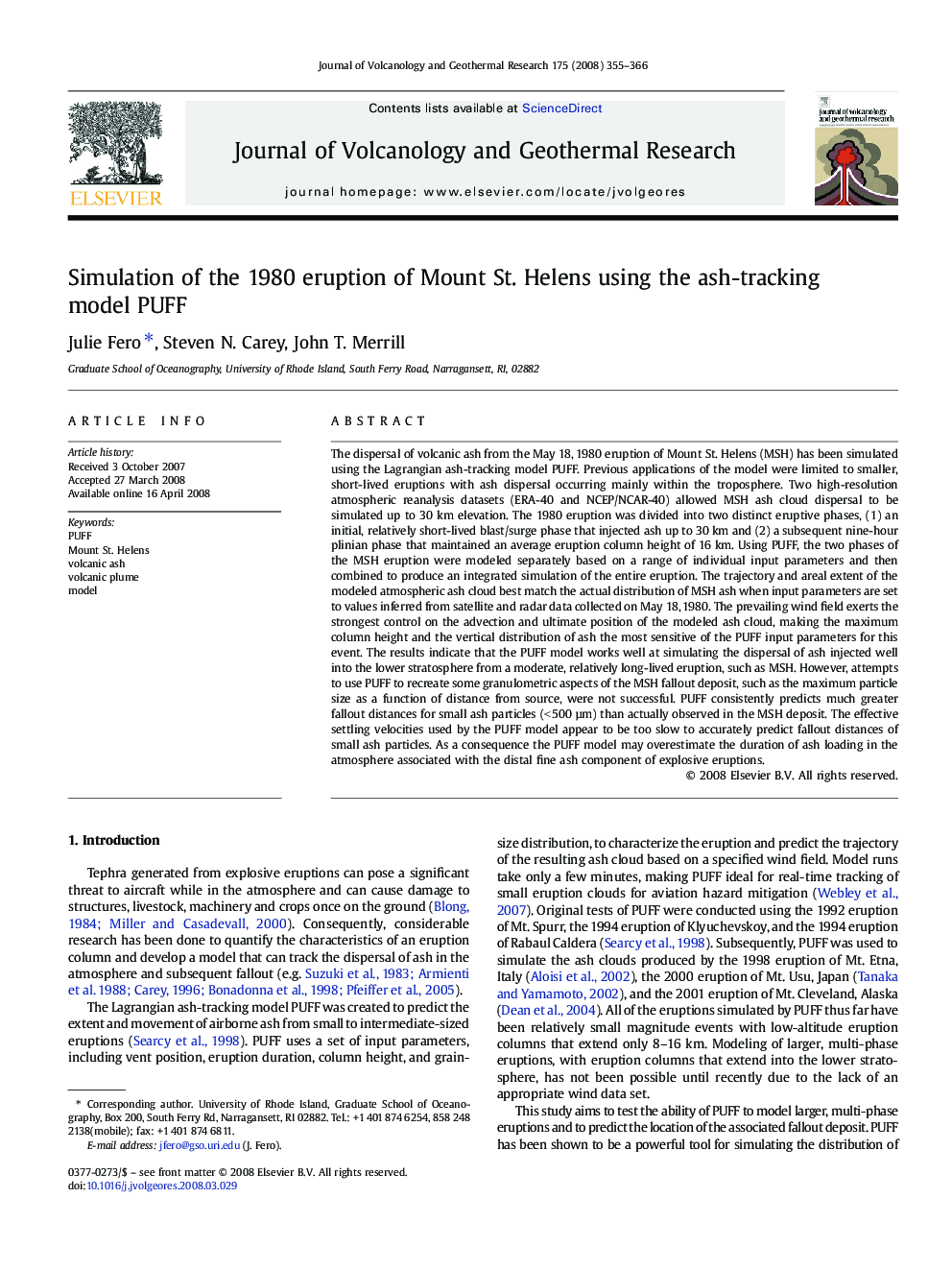 عکس صفحه اول مقاله: Simulation of the 1980 eruption of Mount St. Helens using the ash-tracking model PUFF Simulation of the 1980 eruption of Mount St. Helens using the ash-tracking model PUFF