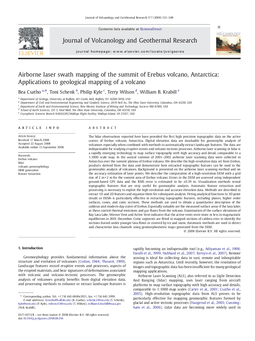 Airborne laser swath mapping of the summit of Erebus volcano, Antarctica: Applications to geological mapping of a volcano