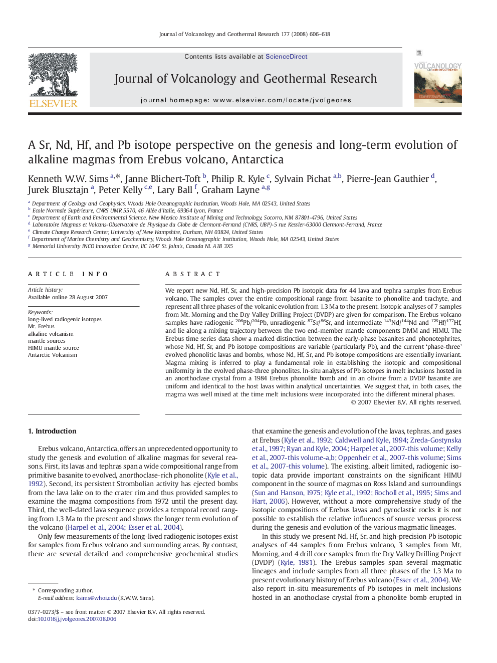 A Sr, Nd, Hf, and Pb isotope perspective on the genesis and long-term evolution of alkaline magmas from Erebus volcano, Antarctica