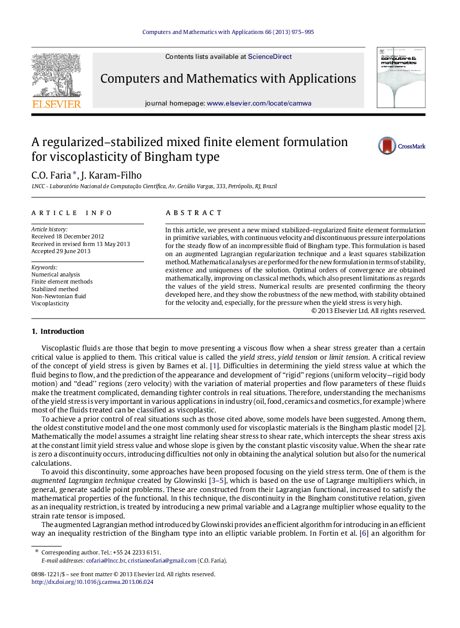 A regularized–stabilized mixed finite element formulation for viscoplasticity of Bingham type