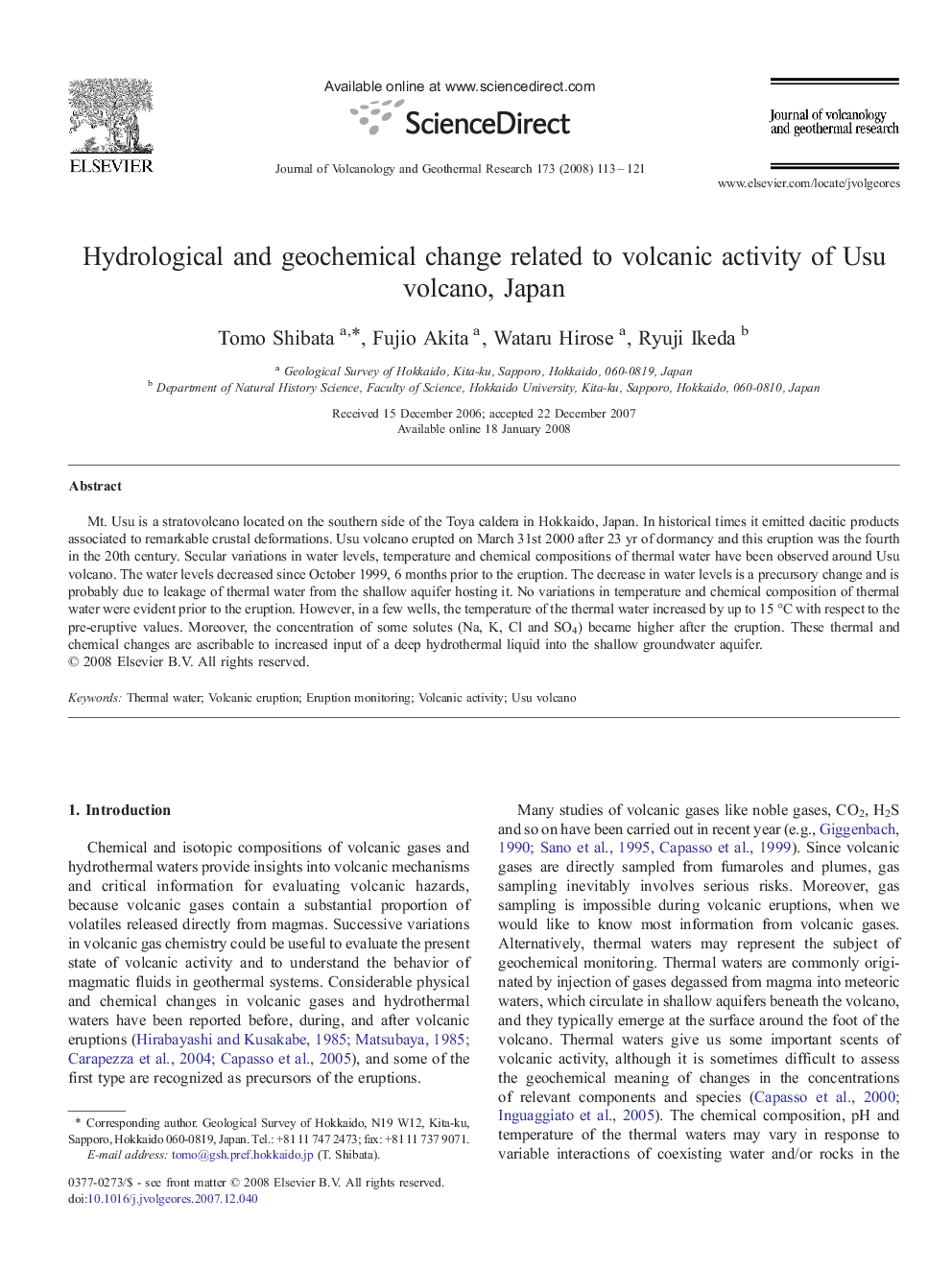 Hydrological and geochemical change related to volcanic activity of Usu volcano, Japan