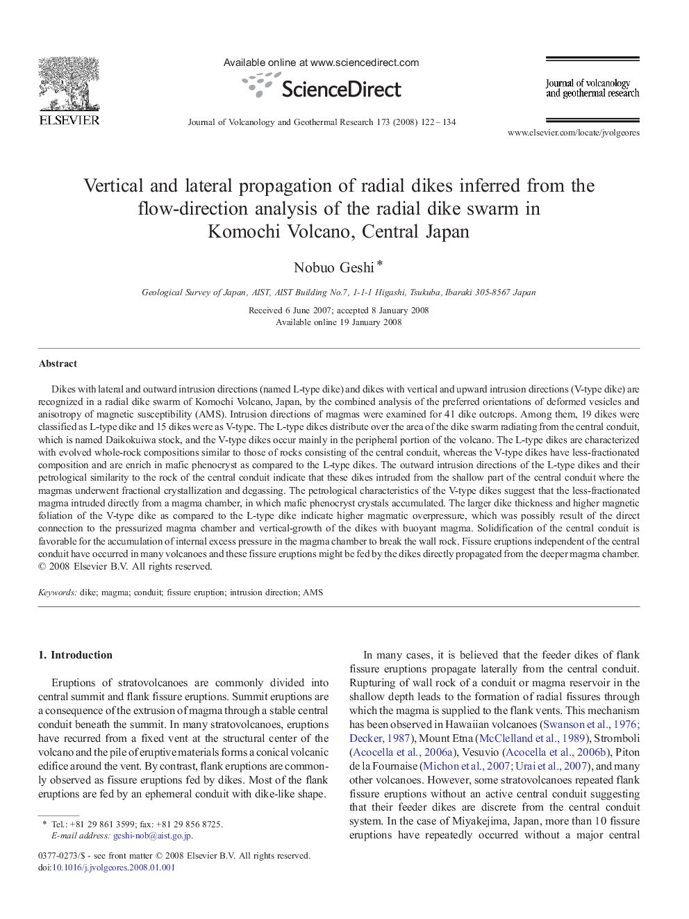 Vertical and lateral propagation of radial dikes inferred from the flow-direction analysis of the radial dike swarm in Komochi Volcano, Central Japan