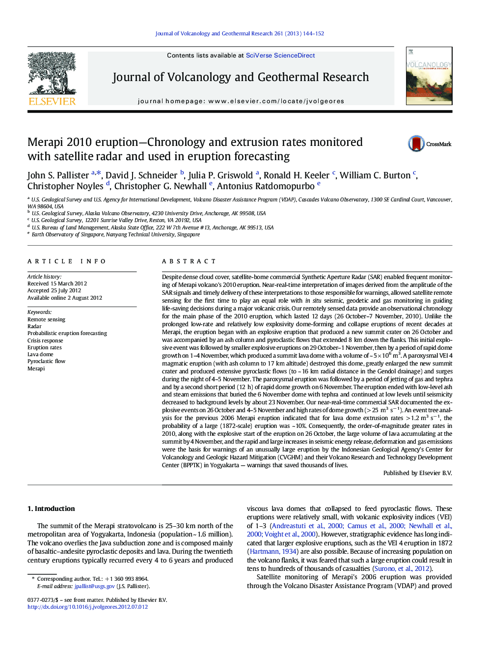 Merapi 2010 eruption—Chronology and extrusion rates monitored with satellite radar and used in eruption forecasting