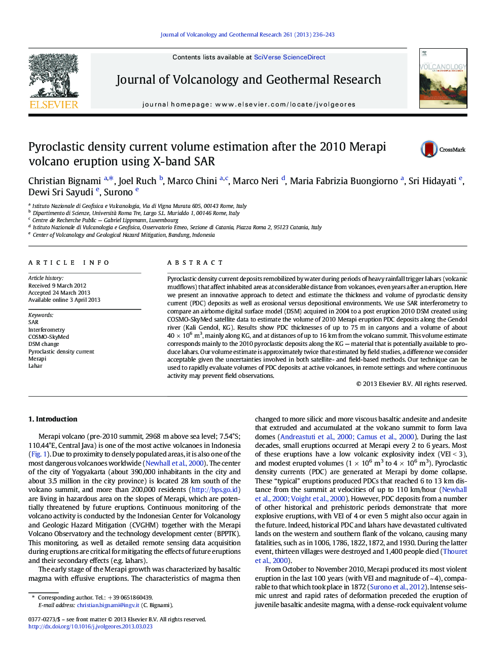 Pyroclastic density current volume estimation after the 2010 Merapi volcano eruption using X-band SAR