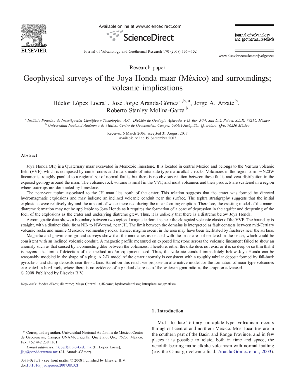 Geophysical surveys of the Joya Honda maar (México) and surroundings; volcanic implications