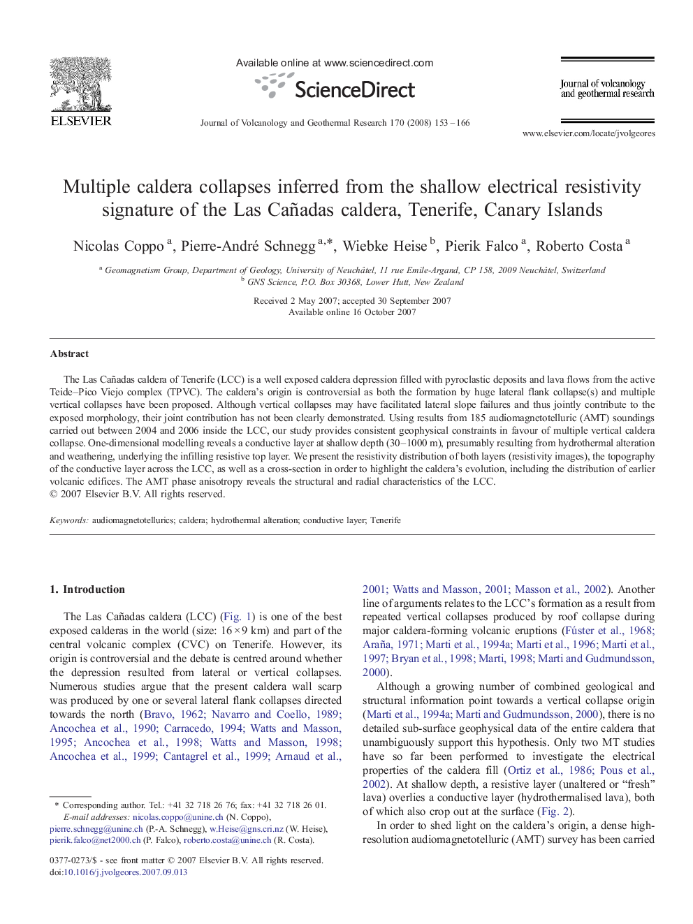 Multiple caldera collapses inferred from the shallow electrical resistivity signature of the Las Cañadas caldera, Tenerife, Canary Islands