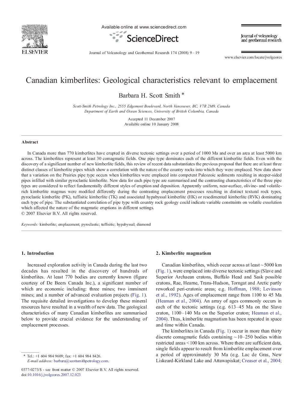 Canadian kimberlites: Geological characteristics relevant to emplacement