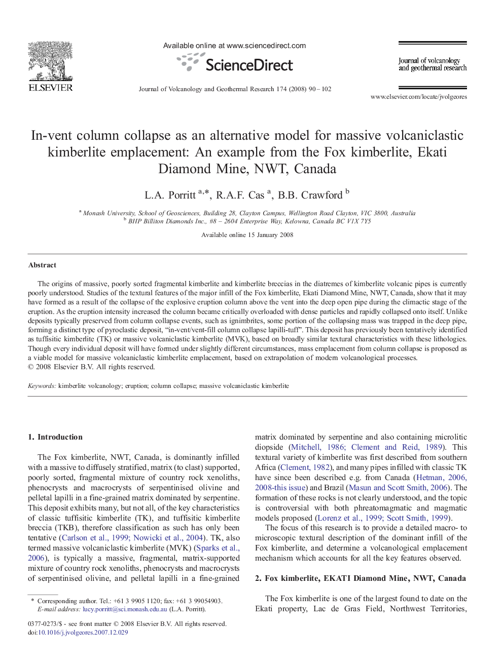 In-vent column collapse as an alternative model for massive volcaniclastic kimberlite emplacement: An example from the Fox kimberlite, Ekati Diamond Mine, NWT, Canada