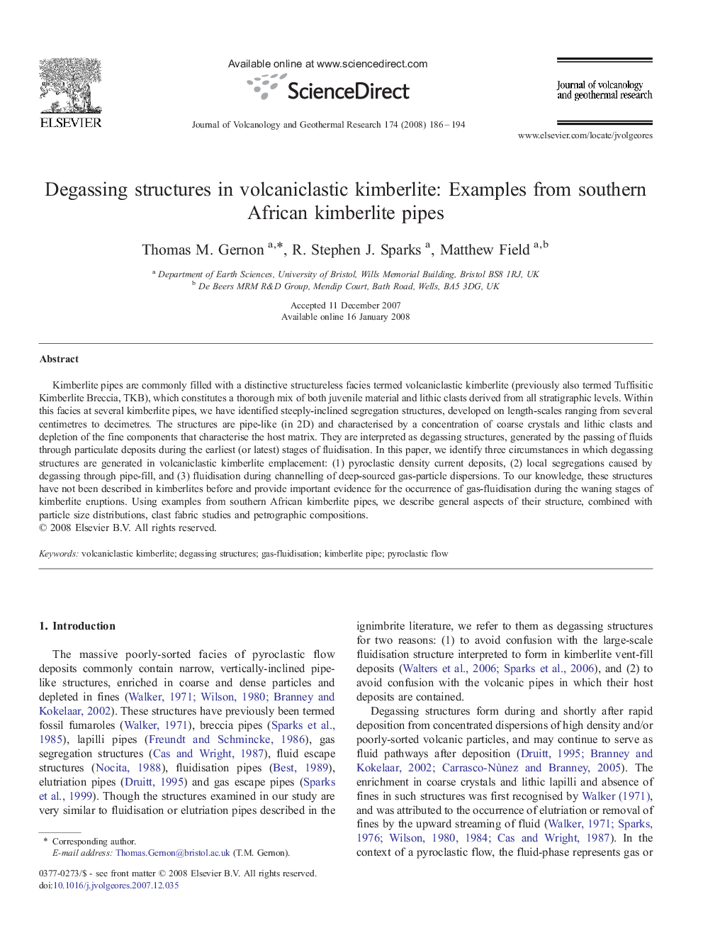 Degassing structures in volcaniclastic kimberlite: Examples from southern African kimberlite pipes