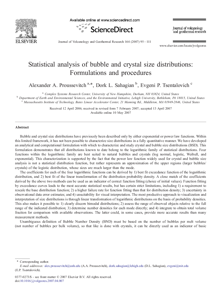 Statistical analysis of bubble and crystal size distributions: Formulations and procedures