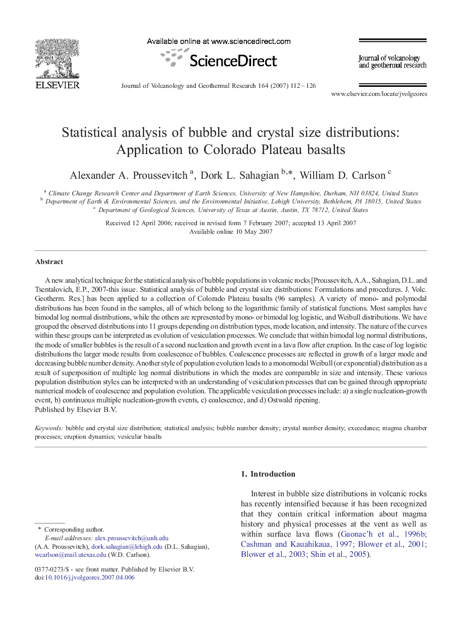 Statistical analysis of bubble and crystal size distributions: Application to Colorado Plateau basalts