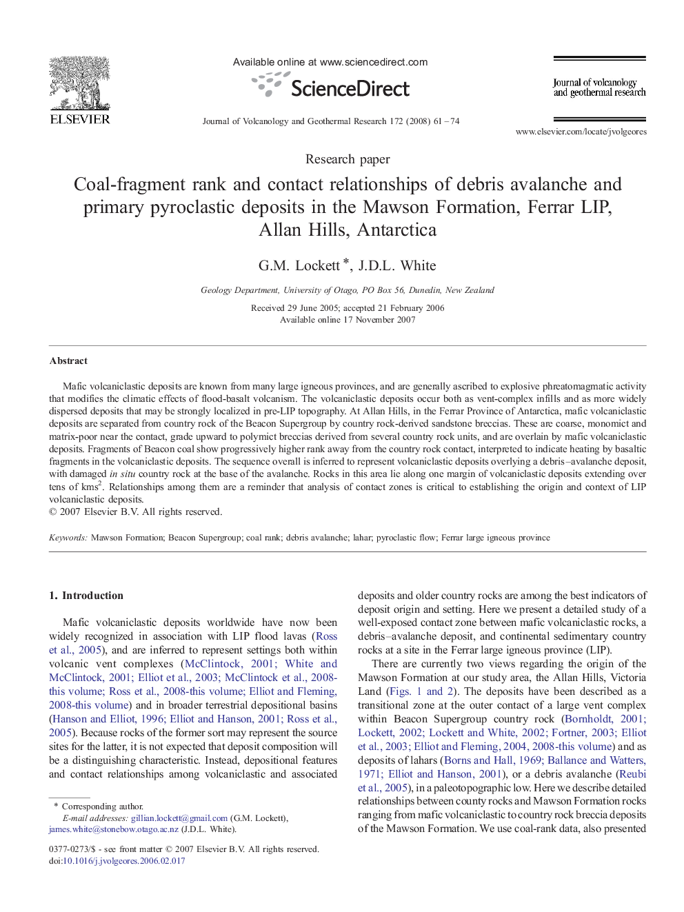 Coal-fragment rank and contact relationships of debris avalanche and primary pyroclastic deposits in the Mawson Formation, Ferrar LIP, Allan Hills, Antarctica