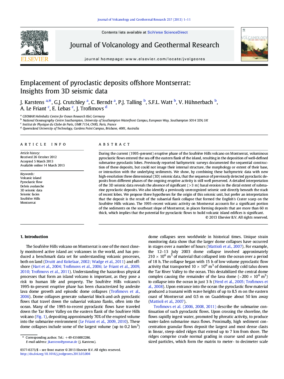 Emplacement of pyroclastic deposits offshore Montserrat: Insights from 3D seismic data