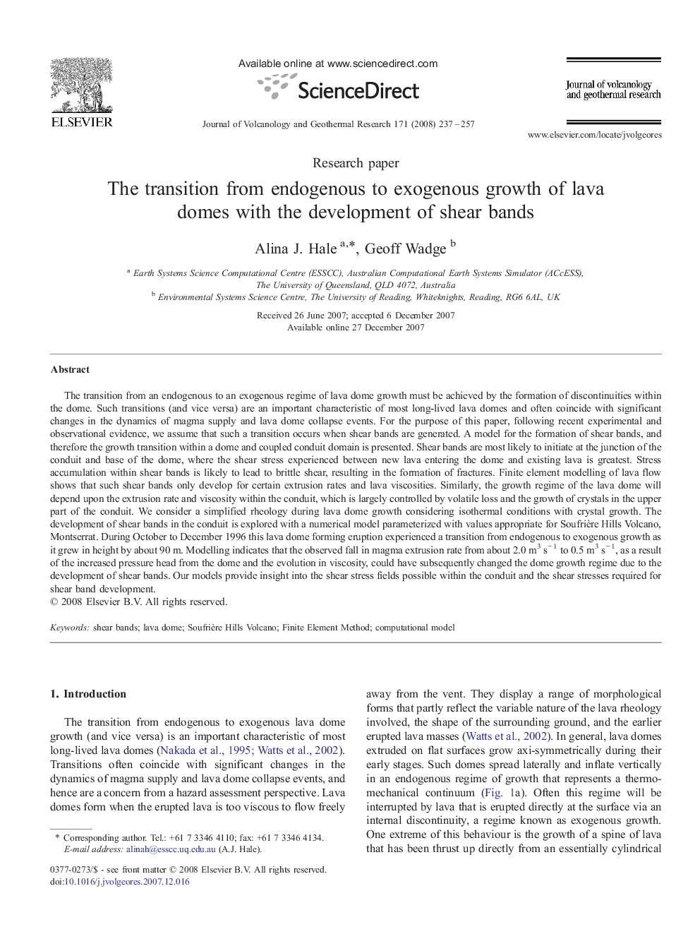 The transition from endogenous to exogenous growth of lava domes with the development of shear bands