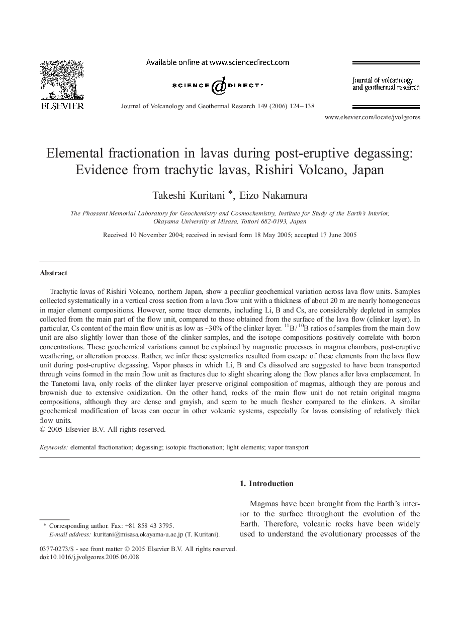 Elemental fractionation in lavas during post-eruptive degassing: Evidence from trachytic lavas, Rishiri Volcano, Japan