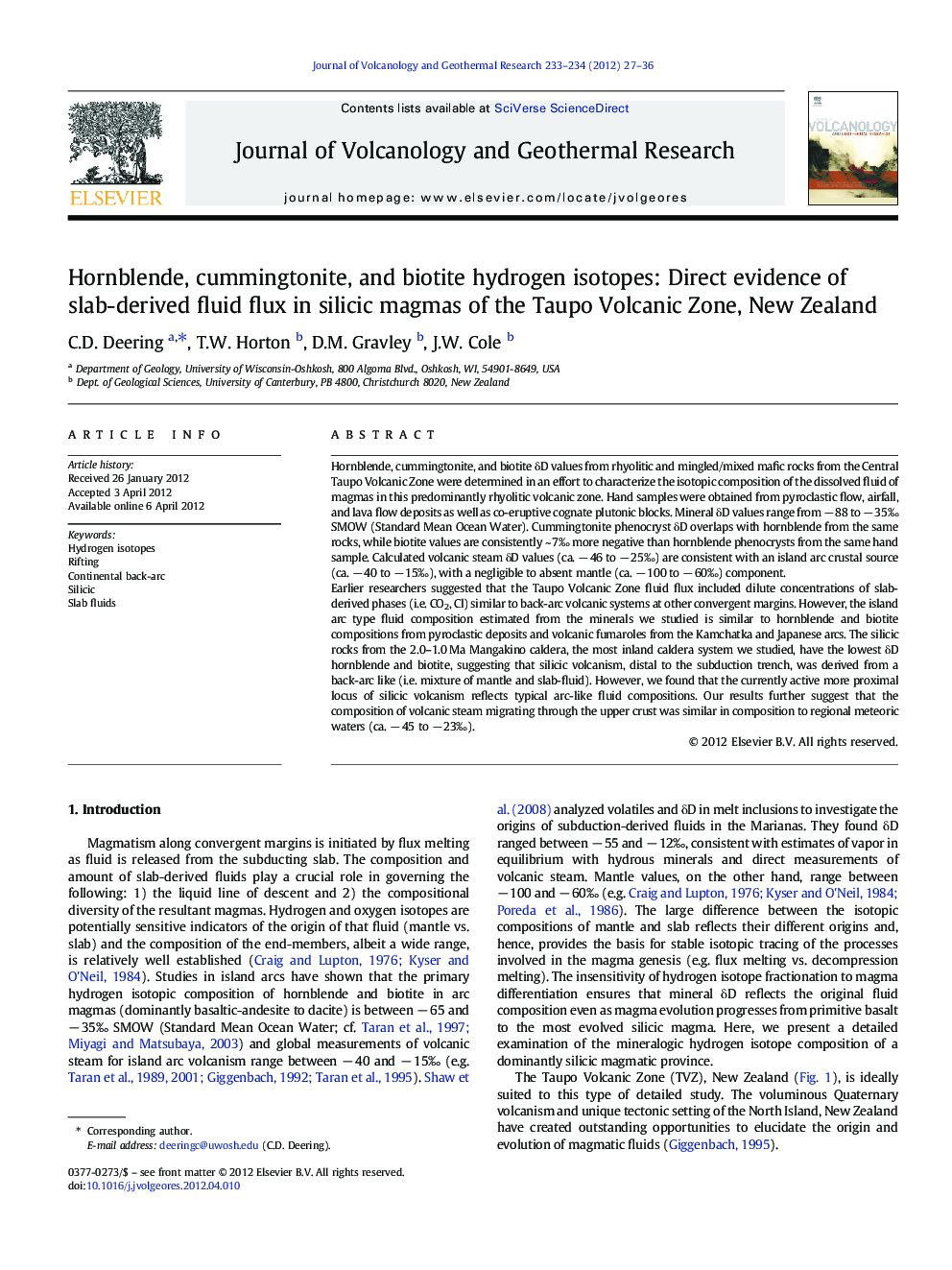 Hornblende, cummingtonite, and biotite hydrogen isotopes: Direct evidence of slab-derived fluid flux in silicic magmas of the Taupo Volcanic Zone, New Zealand