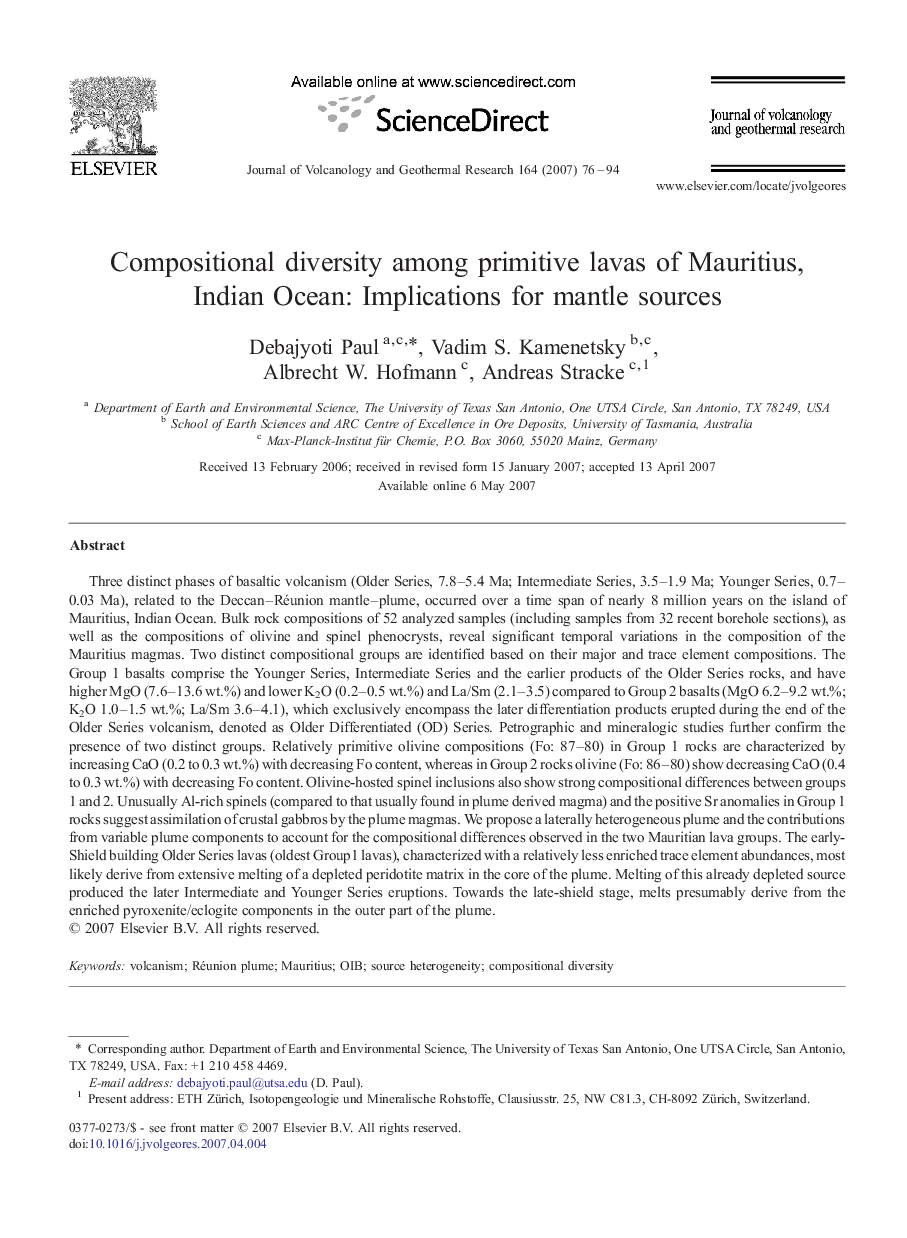 Compositional diversity among primitive lavas of Mauritius, Indian Ocean: Implications for mantle sources