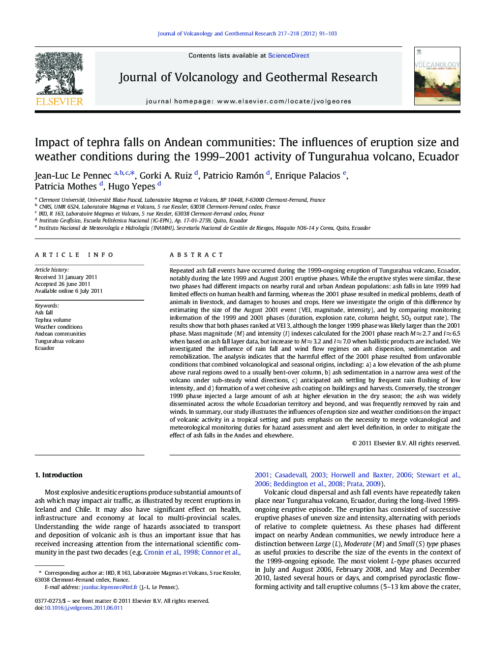 Impact of tephra falls on Andean communities: The influences of eruption size and weather conditions during the 1999–2001 activity of Tungurahua volcano, Ecuador