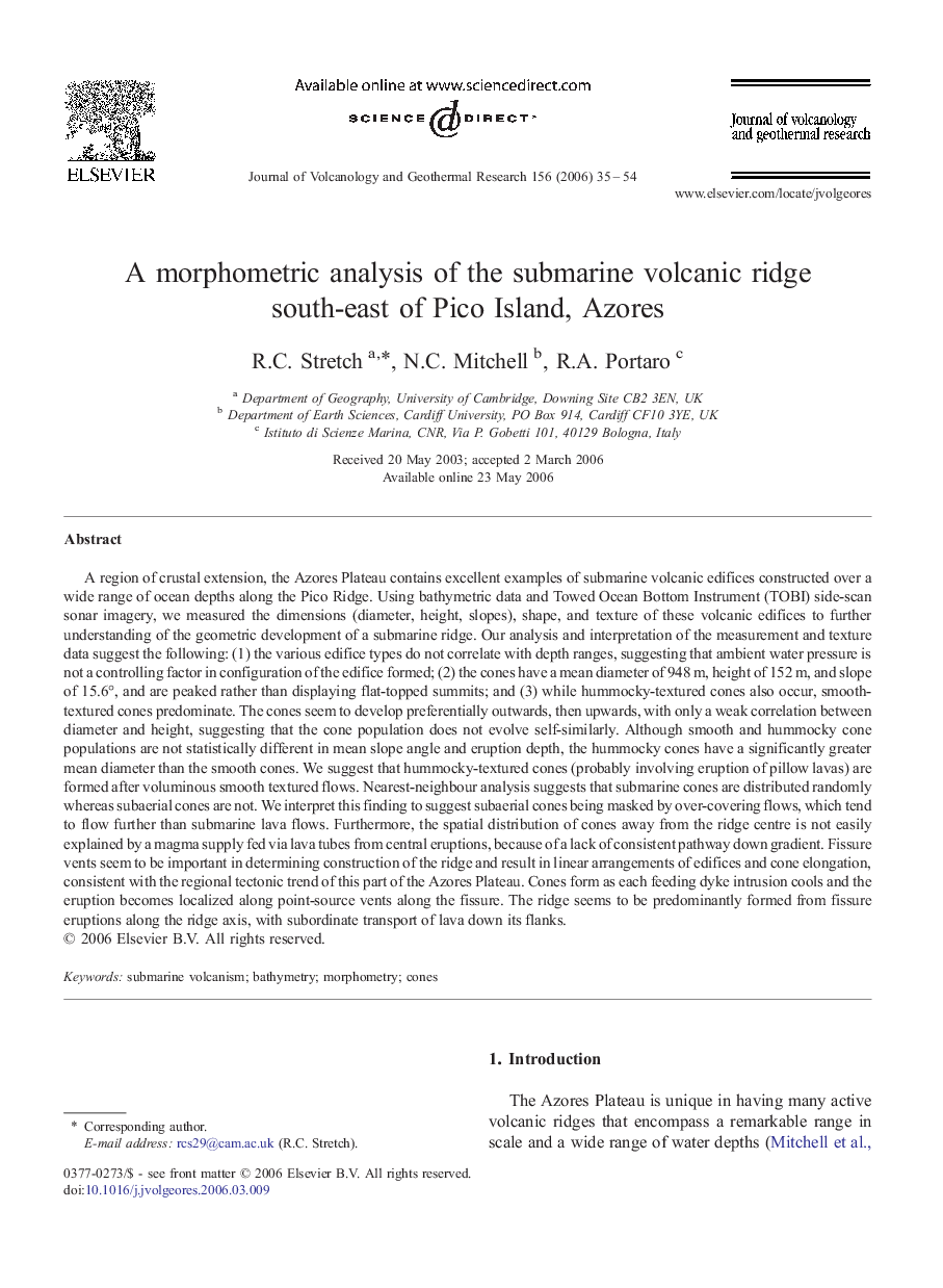 A morphometric analysis of the submarine volcanic ridge south-east of Pico Island, Azores