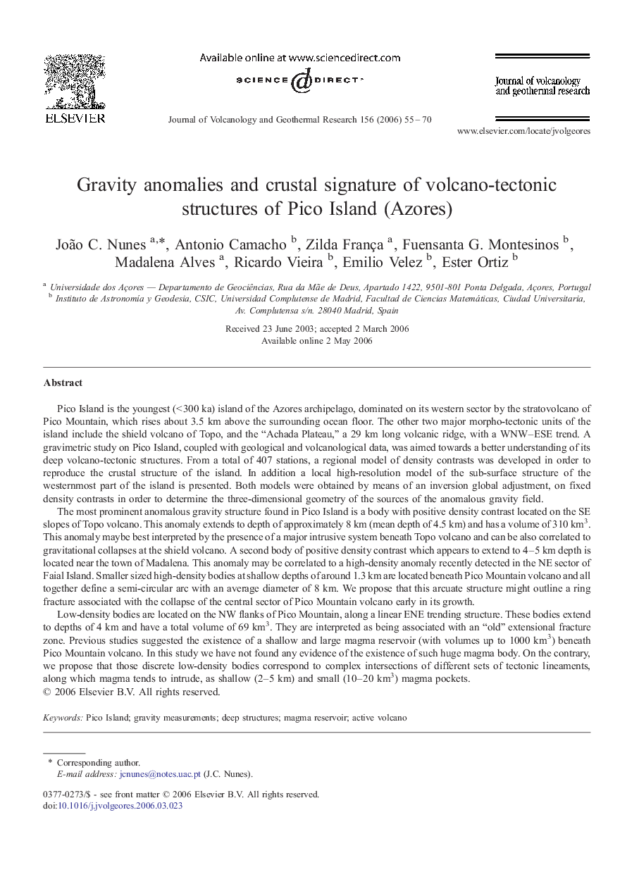 Gravity anomalies and crustal signature of volcano-tectonic structures of Pico Island (Azores)