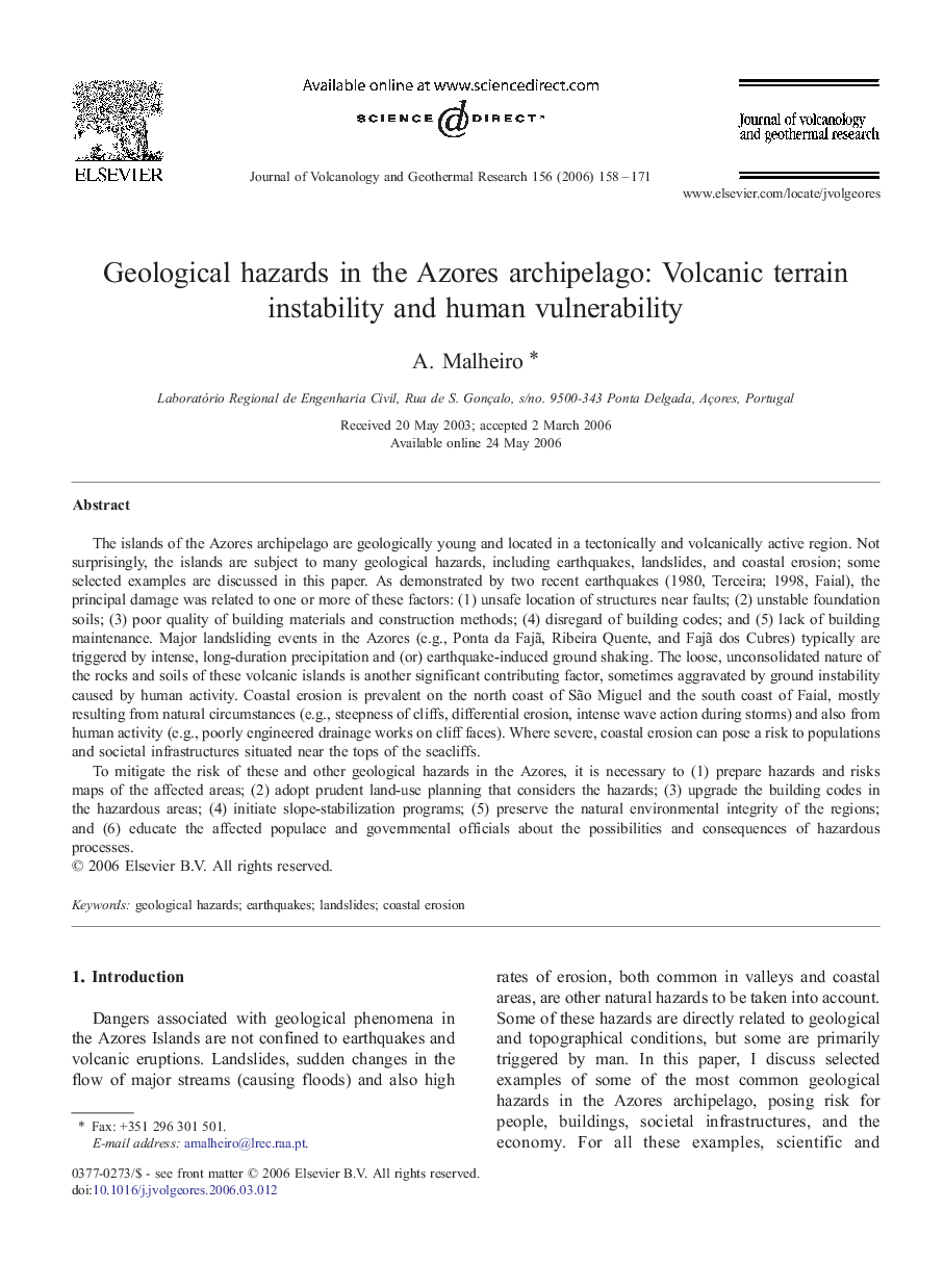 Geological hazards in the Azores archipelago: Volcanic terrain instability and human vulnerability