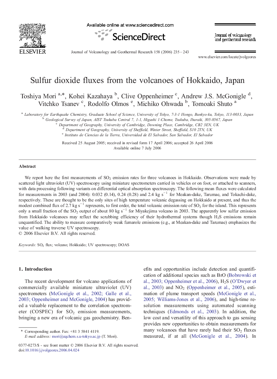 Sulfur dioxide fluxes from the volcanoes of Hokkaido, Japan