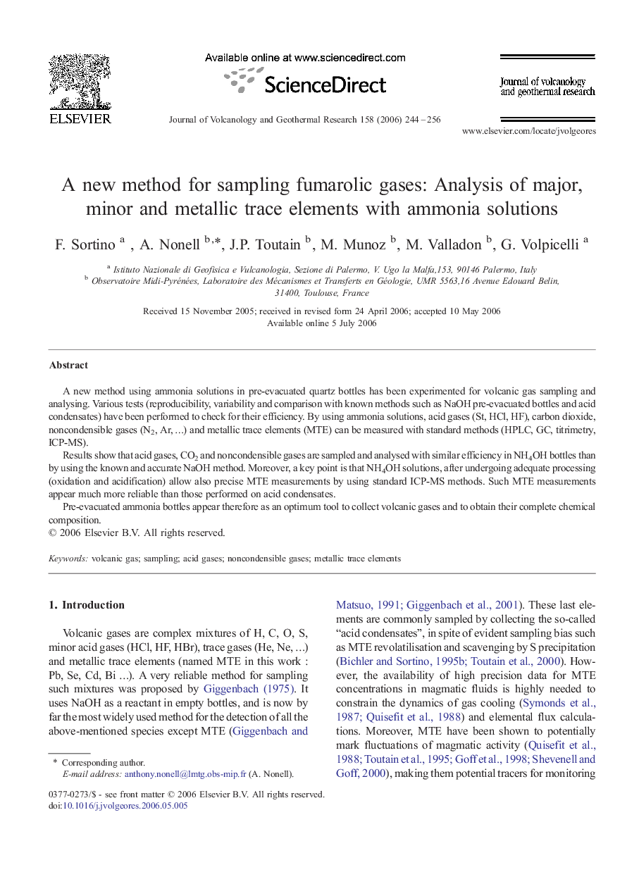 A new method for sampling fumarolic gases: Analysis of major, minor and metallic trace elements with ammonia solutions